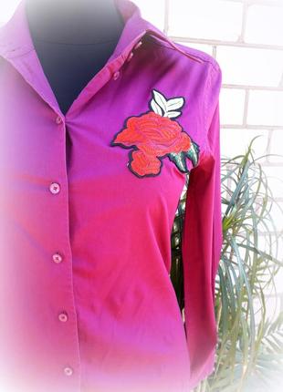 Сорочка з нашивкою вишивка квіти рожева фуксія коттон троянда натуральна бавовна блузка2 фото