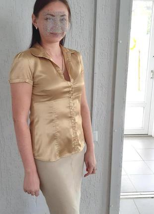 Атласная, золотистая  блузка5 фото