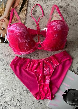 75,80,85с розовый велюровый комплект женского нижнего белья на 3 размер с пуш ап1 фото