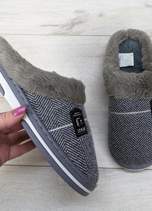 Тапочки мужские домашние теплые на мягкой резиновой подошве серые 3682