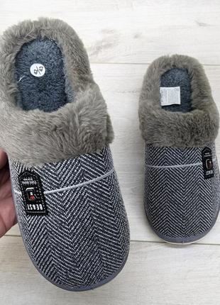 Тапочки мужские домашние теплые на мягкой резиновой подошве серые 3682