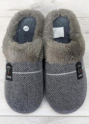Тапочки мужские домашние теплые на мягкой резиновой подошве серые 3682