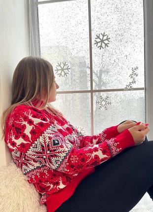 Жіночий теплий новорічний светр з оленями червоний бордо білий джинс вовна туреччина3 фото