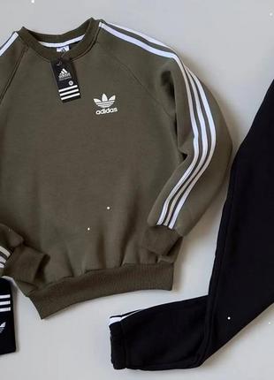 Костюм adidas на флісі світшот хакі чорні штани3 фото