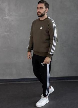 Костюм adidas на флісі світшот хакі чорні штани9 фото
