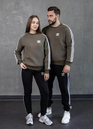 Костюм adidas на флісі світшот хакі чорні штани8 фото