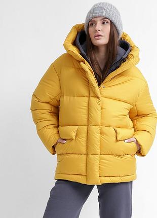 Женский короткий пуховик горчичный<unk> 74357