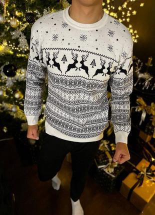 Чоловічий теплий новорічний светр олені з ялинками оленями та сніжинками червоний білий вовна туреччина4 фото