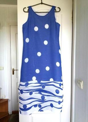 Продаю летнее синее платье в белый горох, длина миди, размер.м1 фото