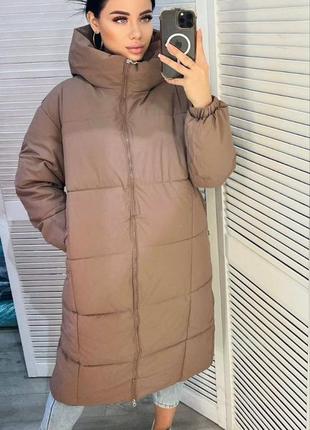 Куртка пальто женская тепла длинная зимняя на зиму базовая с капюшоном утепленная черная коричневая белая бежевая коричневая пуховик батал стеганая