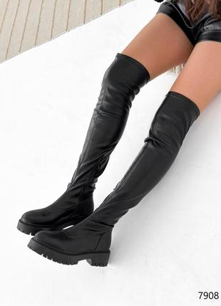 Стильні чорні жіночі зимові ботфорти без підборів,чоботи високі,на замку,з хутром,на зиму