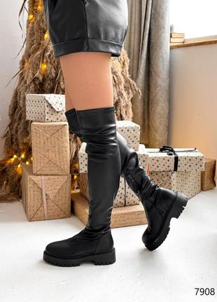 Стильні чорні жіночі зимові ботфорти без підборів,чоботи високі,на замку,з хутром,на зиму