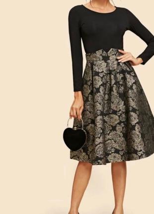 Шикарная юбка парча shein flared floral jacquard skirt3 фото