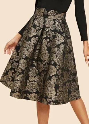 Шикарная юбка парча shein flared floral jacquard skirt2 фото