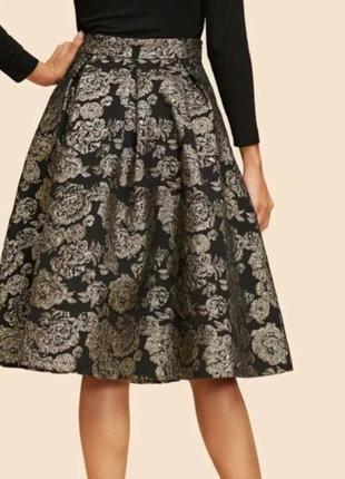 Шикарная юбка парча shein flared floral jacquard skirt4 фото