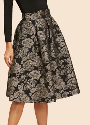 Шикарная юбка парча shein flared floral jacquard skirt5 фото