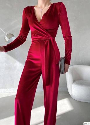 Стильный женский комбинезон из бархата, красный нарядный комбинезон с поясом