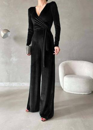 Стильный женский комбинезон из бархата, черный нарядный комбинезон с поясом2 фото