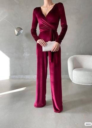 Стильный женский комбинезон из бархата, бордовый нарядный комбинезон с поясом2 фото