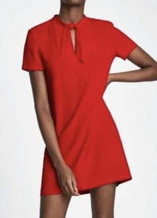 Червоне плаття прямого крою на зав'язці з завязкою вільно вільного крою сукня з коротким рукавом платье прямого кроя с завязкой на груди с разрезом1 фото