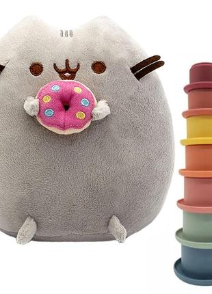 Мягкая игрушка пушин кэт pusheen cat 23х25 см с пончиком и пирамидка тактильная y19 башня n-11536