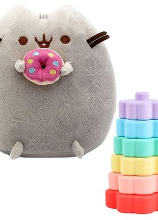 Мягкая игрушка пушин кэт pusheen cat 23х25 см с пончиком и тактильная пирамидка для развития моторики n-11535