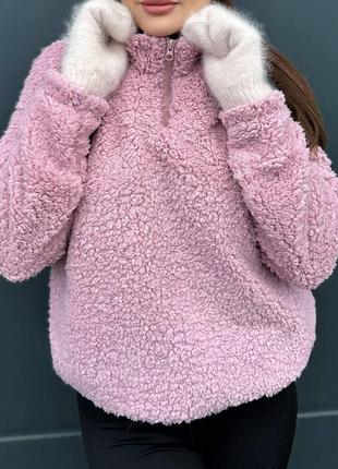 Свитшот батник худи кофта женский зимний на зиму базовый теплый на флисе серый графит бежей розовый белый без капюшона плюшевый тедди махровый2 фото