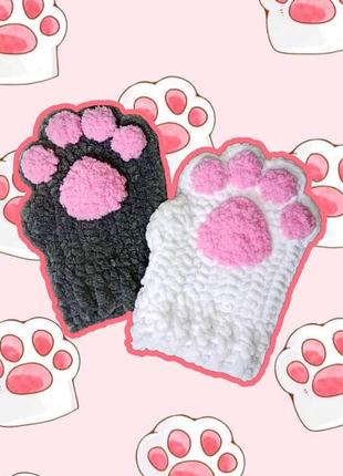 Мітенки кошачі лапки рукавиці з плюшевої пряжі1 фото