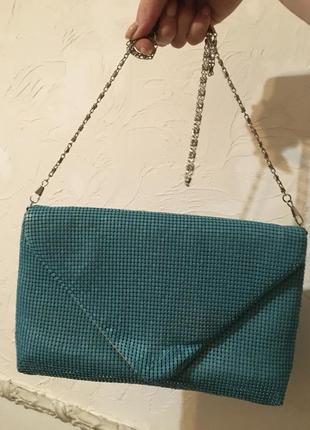 Женская сумка-конверт через плечо с цепочкой, маленькая вечерняя сумка-мессенджер с кристаллами голубая