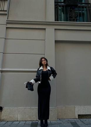 Укорочена оверсайз шкіряна дублянка з екошкіри на хутрі