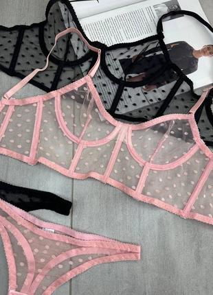 Комплект нижнего белья в горох принт бюст с косточками прозрачная ткань сетка трусики