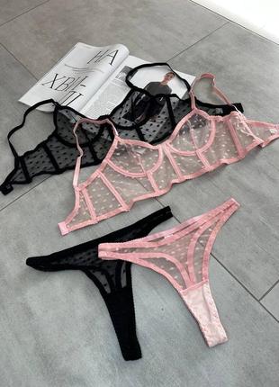 Комплект нижнего белья в горох принт бюст с косточками прозрачная ткань сетка трусики