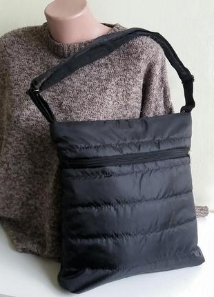 Сумка планшет под а4 тканевый на синтепоне через плечо черный легкий с карманом