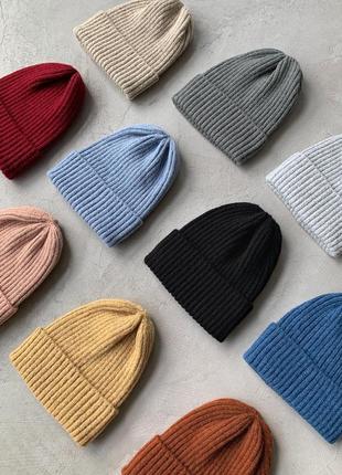 Шапка біні в рубчик шерсть з отворотом, підворотом, в’язана такорі лопата жіноча чоловіча демісезонна зимова осіння тепла рожева чорна сіра бежева
