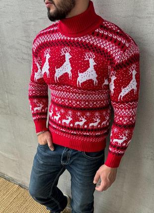 Новогодний свитер с оленями мужской бордовый+шапка в подарок!5 фото