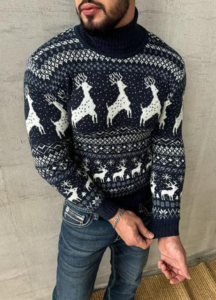 Новорічний светр з оленями чоловічий темно-синій+шапка у подарунок!2 фото