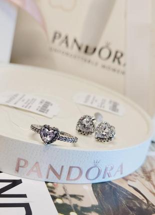 Набір пандрова срібло s925 ale оригінальна бирка кільце сережки серця білий прозорий камінь пусети новий