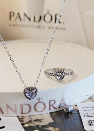Набор пандора серебро s925 ale оригинальная бирка ожерелье кольцо сердца белый прозрачный камни кулон колье подвеска цепочка новый1 фото