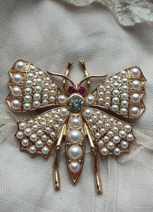Брошка метелик з перлинами 8, 1 см2 фото
