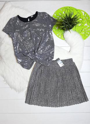 Комплект серебристый праздничный блузка и юбочка-плиссе1 фото
