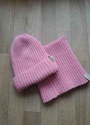 Рожевий зимовий в'язаний комплект (шапка,хомут)на дівчинку 2,5-3,5 роки