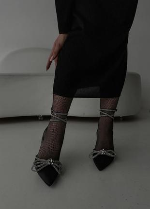 Нарядные женские черные туфли пеленки, хлопковые туфельки лодочки на каблуке, с острым носком, для праздника6 фото