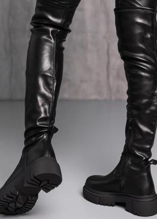 Женские ботфорты чёрные экокожа кожа высокие сапоги10 фото