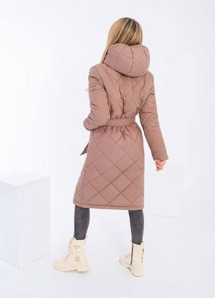 Пальто куртка стьобана с капюшоном поясом за колени теплая зимняя2 фото