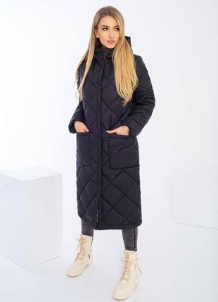 Пальто куртка стьобана с капюшоном поясом за колени теплая зимняя5 фото