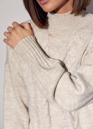 Вязаный женский свитер с косами - бежевый цвет, l (есть размеры)5 фото