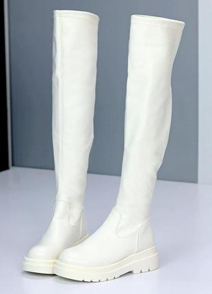 Молодежные светлые, красивые ботфорты, на большой платформе, мягкая кожа, белые, на...