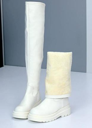 Молодежные светлые, красивые ботфорты, на большой платформе, мягкая кожа, белые, на...