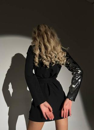 Сукня міні на запах з паєтками плаття халат чорна блискуча новорічна святкова вечірня піджак7 фото