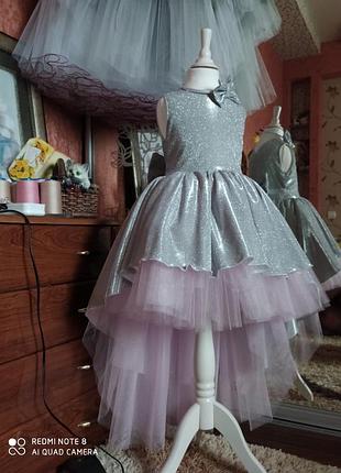 Плаття сукня срібне сніжинка випускне зірочка фатинове асиметрія пишне на 6 - 7 - 10 років з бантом